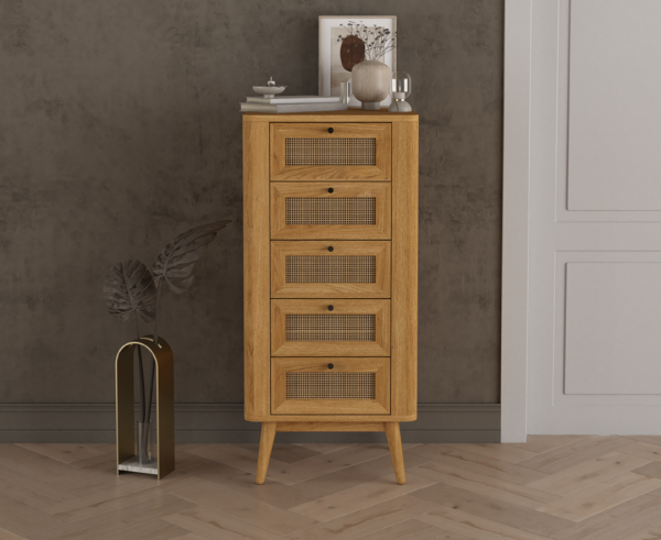 Oak Rattan 5 Drawer Tallboy Chest | Bed Sava