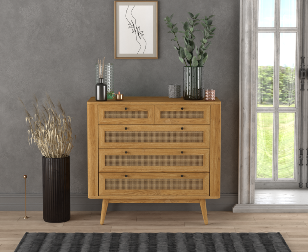 Oak Rattan 2 Over 3 Chest of Drawers