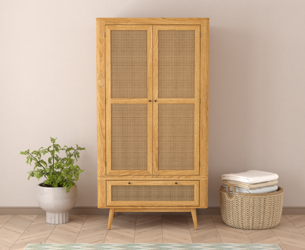Oak Rattan Double Wardrobe | Bed Sava