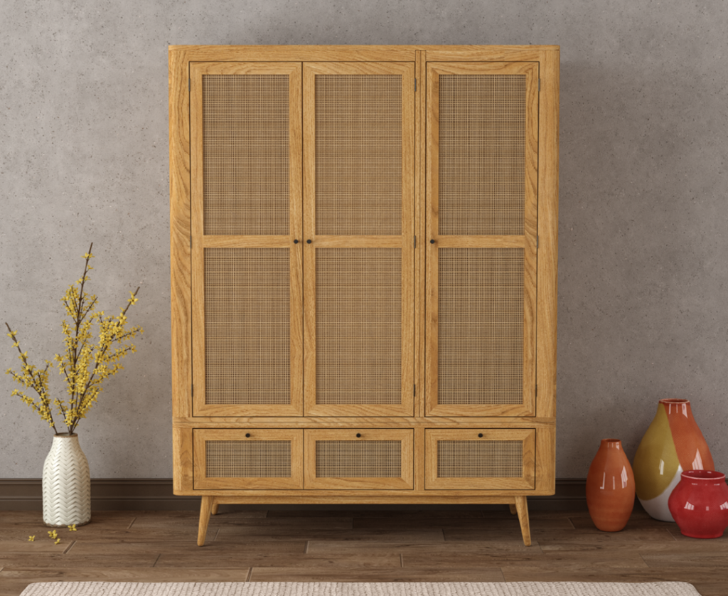 Oak Rattan Triple Wardrobe | Bed Sava