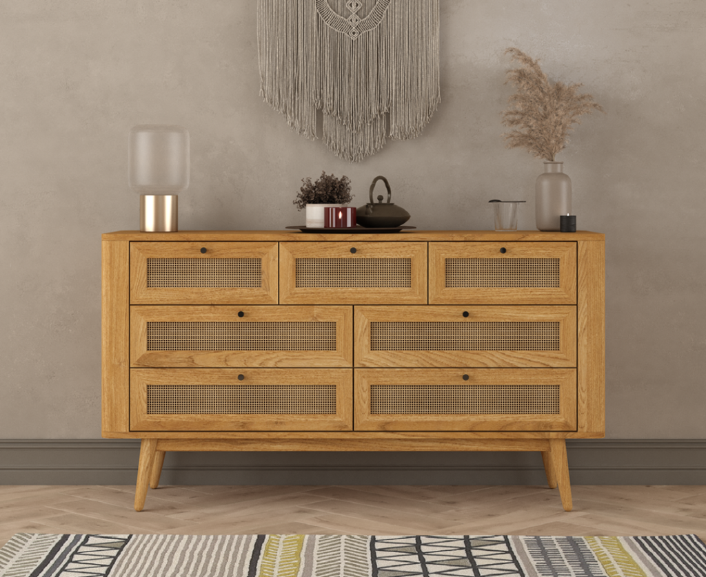 Oak Rattan Wide Chest of Drawers