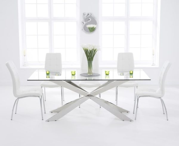 Canova 200cm Glass Dining Table with 8 White Enzo Chairs | Bed Sava