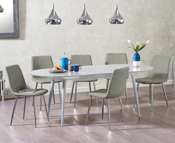 Extending Veneti Light Grey High Gloss Dining Table with 8 Grey Chairs | Bed Sava