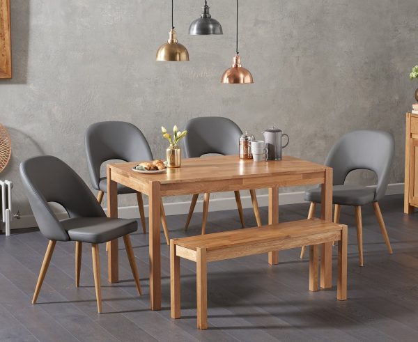 York 120cm Solid Oak Dining Table with 2 Grey Hudson Chairs with 2 Oak Benches | Bed Sava