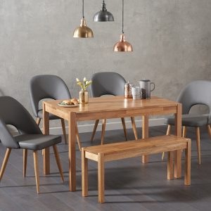 York 150cm Solid Oak Dining Table with 2 Grey Hudson Chairs with 1 Oak Bench | Bed Sava