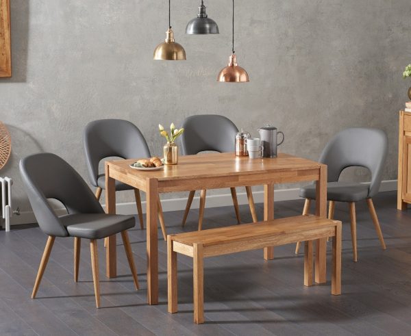 York 150cm Solid Oak Dining Table with 2 Grey Hudson Chairs with 1 Oak Bench | Bed Sava