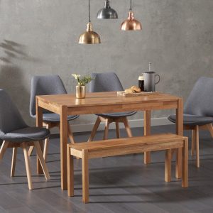 York 150cm Solid Oak Dining Table with 2 Light Grey Orson Chairs with 2 Oak Benches | Bed Sava