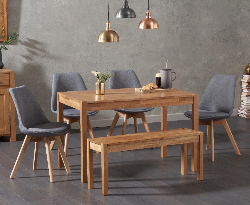 York 150cm Solid Oak Dining Table with 4 Light Grey Orson Chairs with 1 Oak Bench