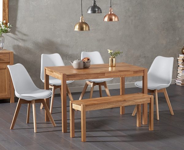 York 120cm Solid Oak Dining Table with 2 White Orson Chairs with 1 Oak Bench | Bed Sava