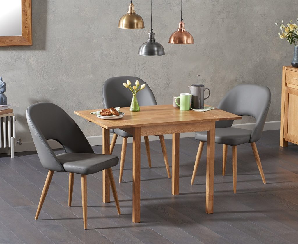 Extending York 70cm Solid Oak Drop Leaf Dining Table with 4 Grey Hudson Chairs