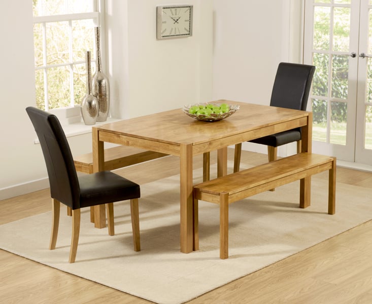 York 150cm Solid Oak Dining Table with 2 Black Olivia Chairs with 1 Oak Bench