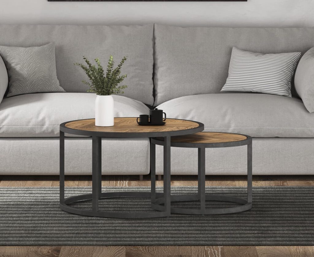 Herringbone Solid Oak Round Nest of Tables