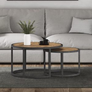 Herringbone Solid Oak Round Nest of Tables | Bed Sava