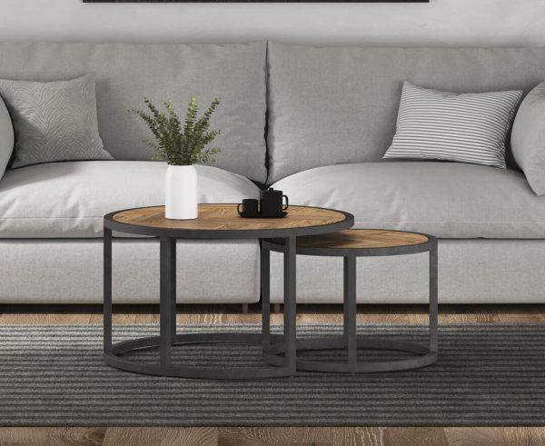 Herringbone Solid Oak Round Nest of Tables | Bed Sava