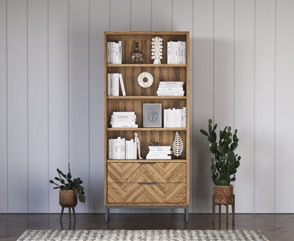 Herringbone Solid Oak Tall Bookcase | Bed Sava