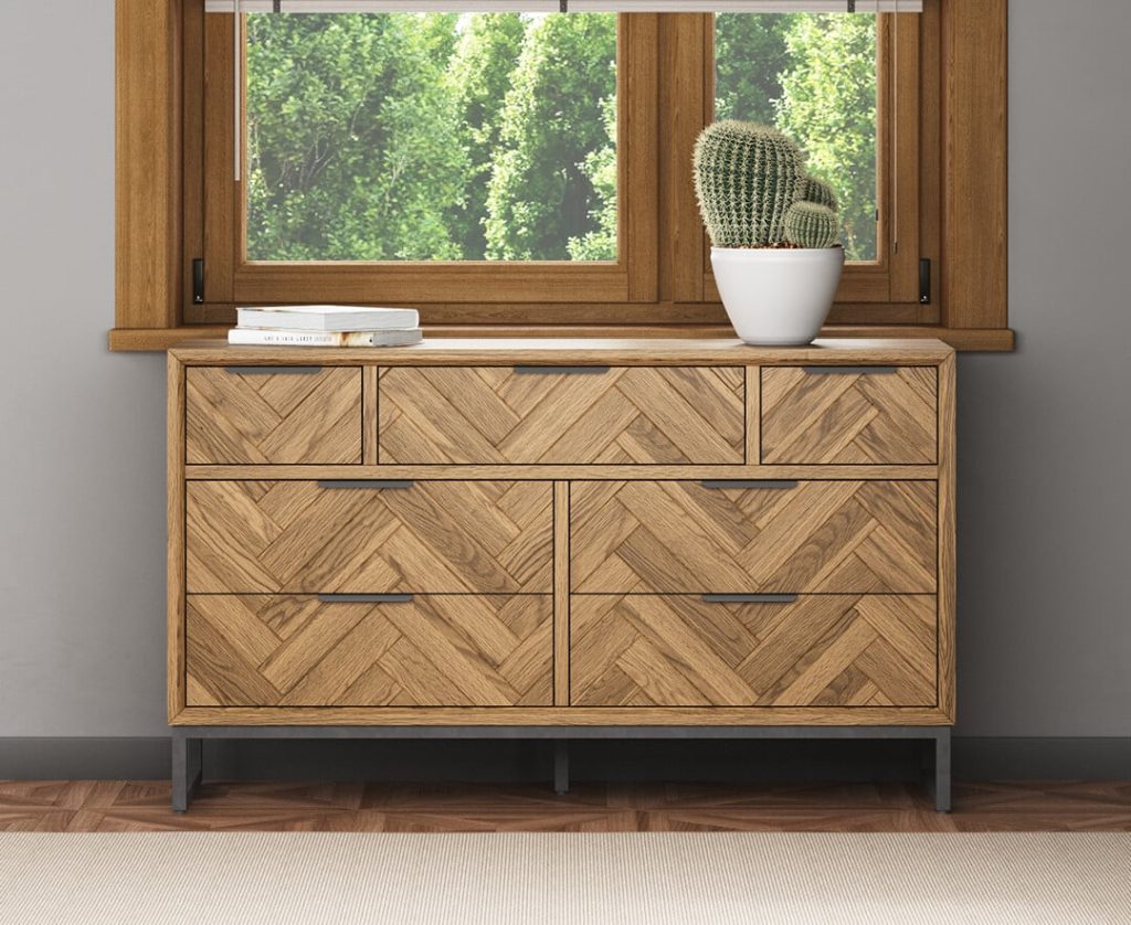 Herringbone Solid Oak Wide Chest Of Drawers