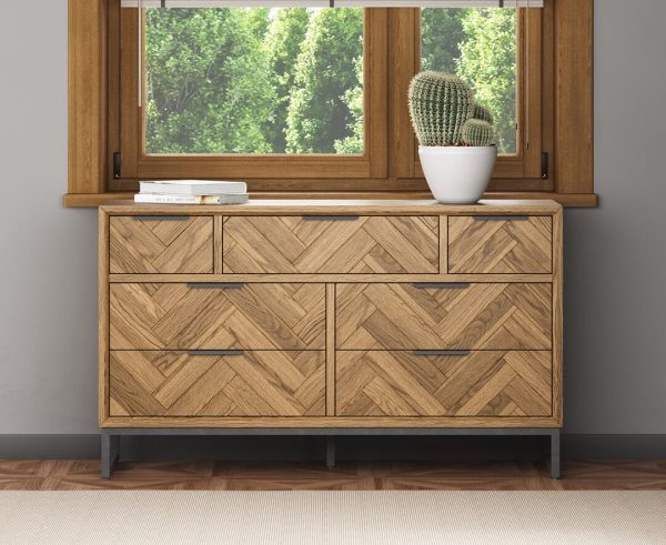 Herringbone Solid Oak Wide Chest Of Drawers | Bed Sava