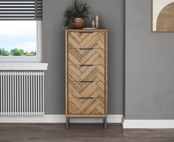 Herringbone Solid Oak 5 Drawer Tallboy Chest | Bed Sava