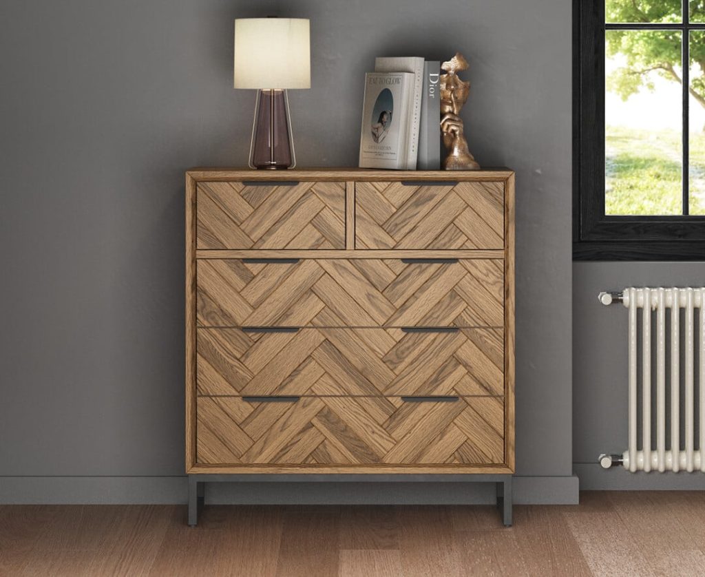 Herringbone Solid Oak 2 Over 3 Chest of Drawers
