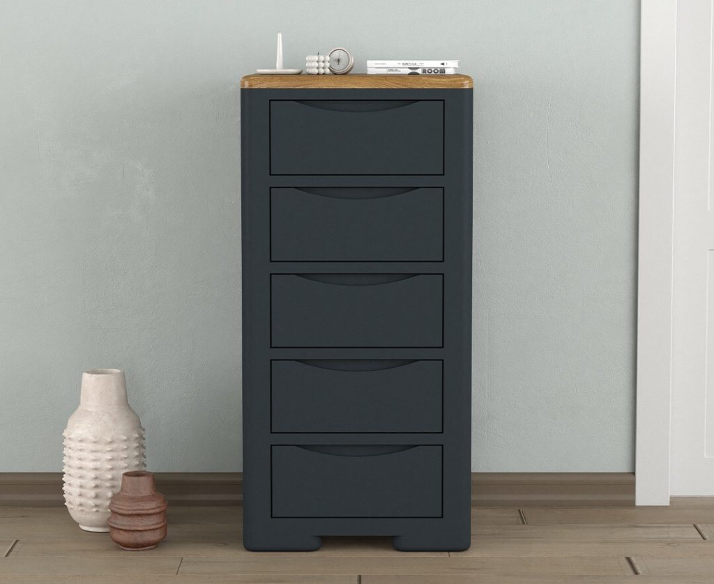 Pembridge Oak and Dark Blue Painted 5 Drawer Tallboy