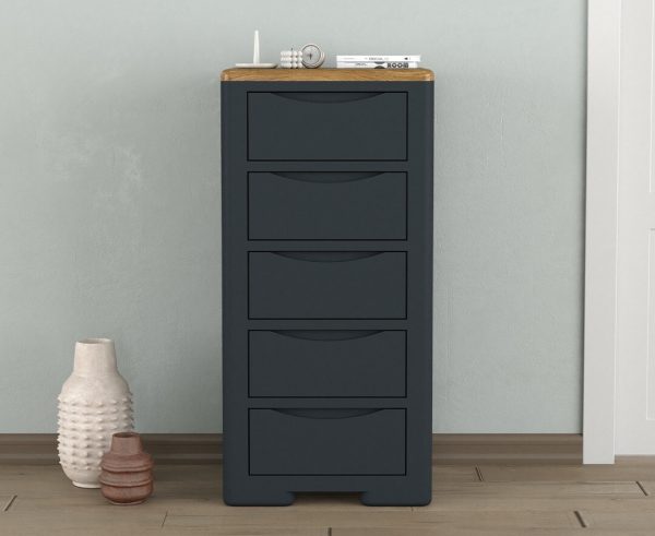 Pembridge Oak and Dark Blue Painted 5 Drawer Tallboy | Bed Sava