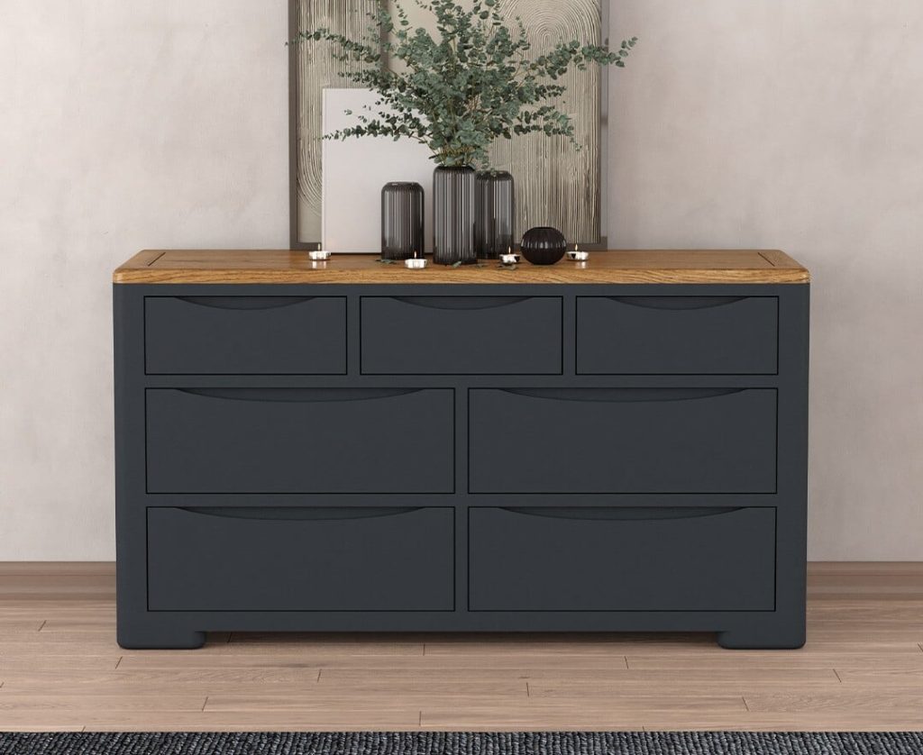 Pembridge Oak and Dark Blue Painted Wide Chest Of Drawers
