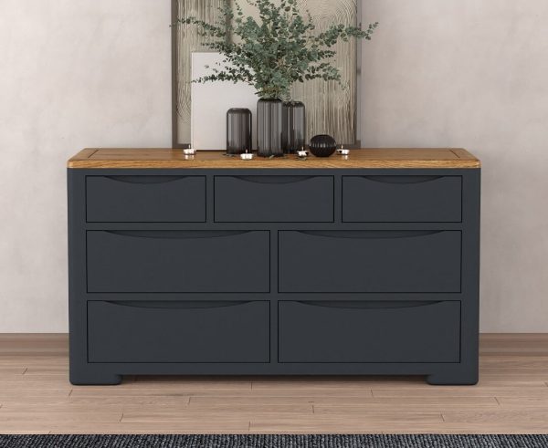 Pembridge Oak and Dark Blue Painted Wide Chest Of Drawers | Bed Sava