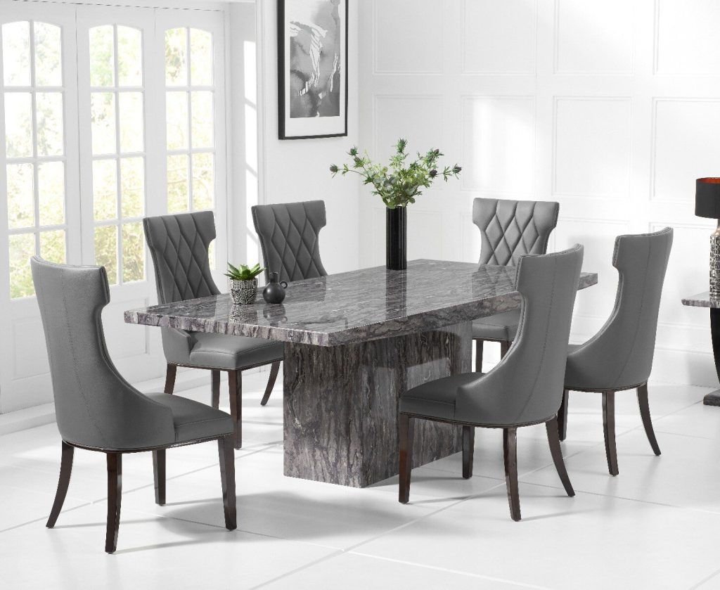 Crema 160cm Grey Marble Dining Table with 8 Cream Sophia Chairs