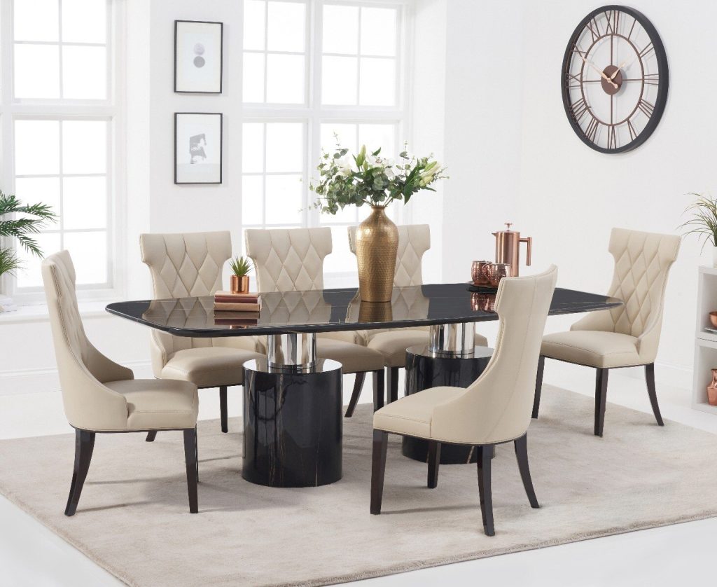 Antonio 180cm Black Marble Dining Table with 6 Grey Sophia Chairs
