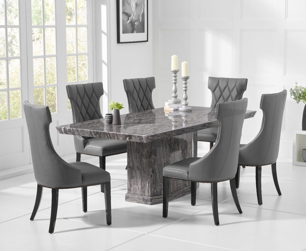 Carvelle 160cm Grey Pedestal Marble Dining Table with 4 Grey Sophia Chairs