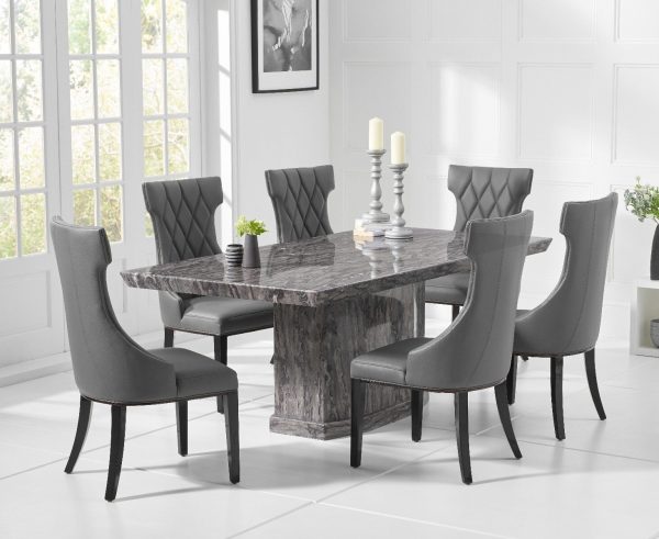 Carvelle 160cm Grey Pedestal Marble Dining Table with 6 Cream Sophia Chairs | Bed Sava