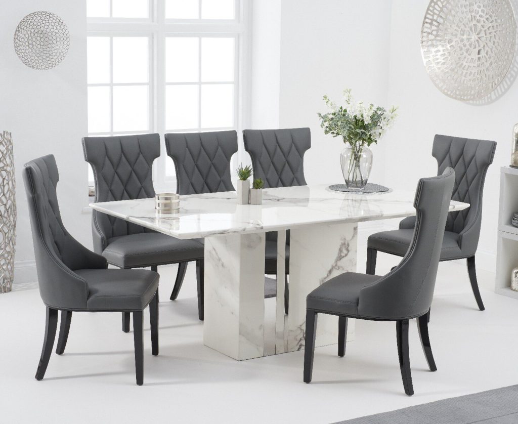 Alicia 180cm White Marble Dining Table with 6 Grey Sophia Chairs