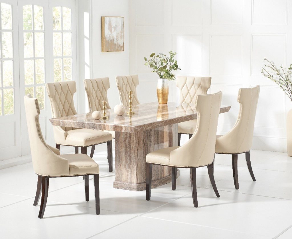 Carvelle 160cm Brown Pedestal Marble Dining Table with 4 Grey Sophia Chairs