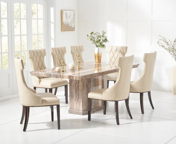 Carvelle 160cm Brown Pedestal Marble Dining Table with 4 Cream Sophia Chairs | Bed Sava