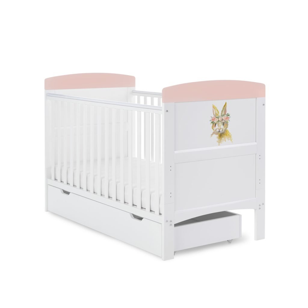 Obaby Grace Inspire Cot Bed & Under Drawer - Watercolour Rabbit Pink