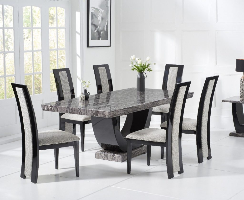 Novara 200cm Dark Grey Pedestal Marble Dining Table with 10 Brown Novara Chairs