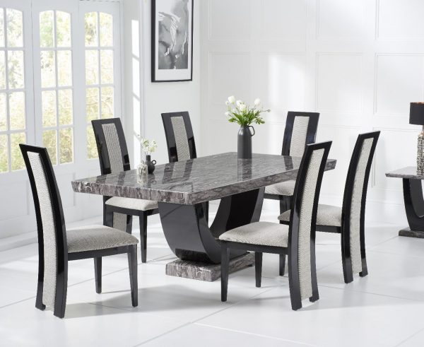 Novara 200cm Dark Grey Pedestal Marble Dining Table with 10 Black Novara Chairs | Bed Sava