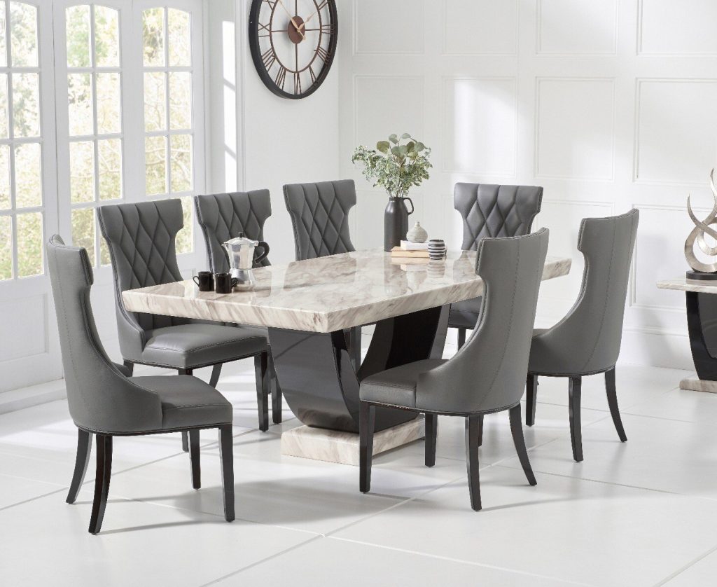 Novara 200cm Cream and Black Pedestal Marble Dining Table with 12 Grey Sophia Chairs