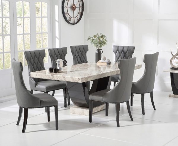Novara 200cm Cream and Black Pedestal Marble Dining Table with 8 Cream Sophia Chairs | Bed Sava