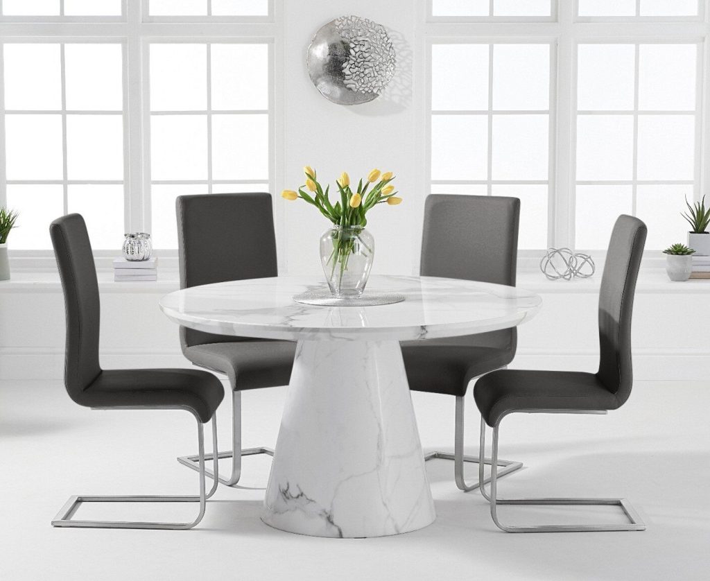 Ravello 130cm Round White Marble Dining Table with 6 White Austin Chairs