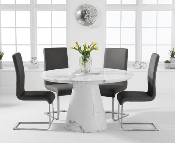 Ravello 130cm Round White Marble Dining Table with 6 White Austin Chairs | Bed Sava