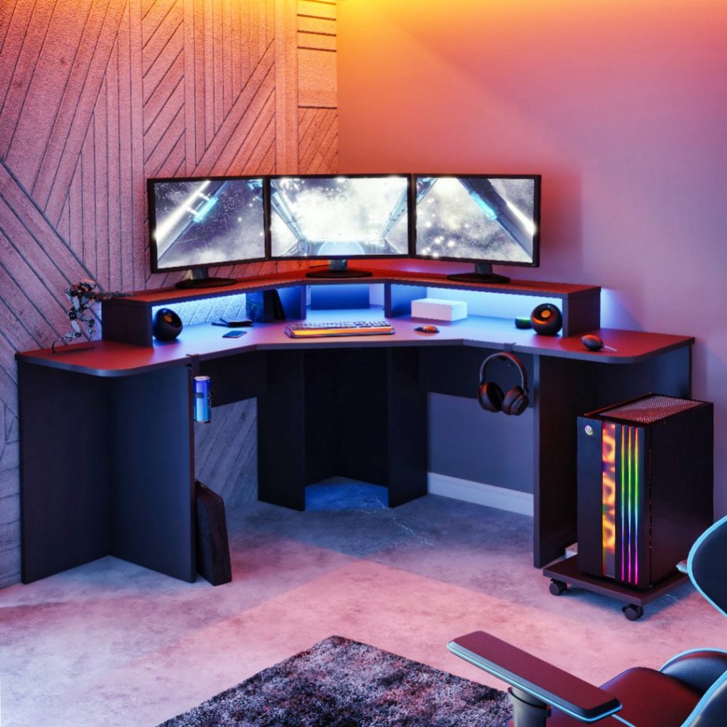 Recoil Quartz LED Corner Computer Gaming Desk Black