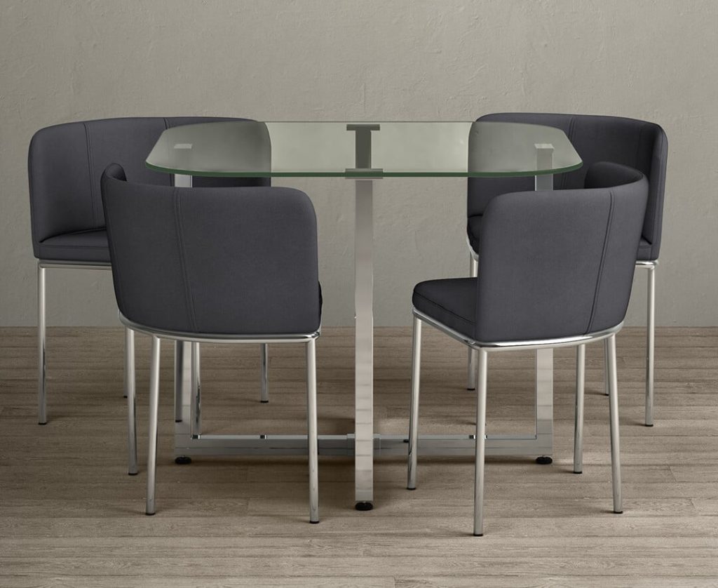 Rhodes Clear Glass Dining Table with 4 Grey Rhodes Chairs