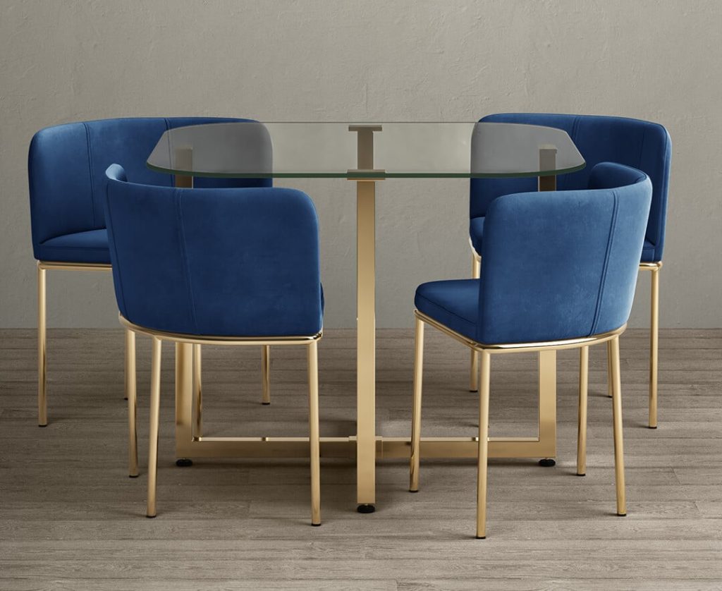 Rhodes Clear Glass Gold Leg Dining Table with 4 Blue Rhodes Chairs