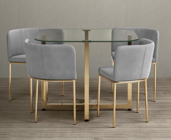 Rhodes Clear Glass Gold Leg Dining Table with 4 Grey Rhodes Chairs | Bed Sava