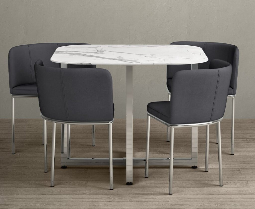 Rhodes White Marble Dining Table with 4 Grey Rhodes Chairs