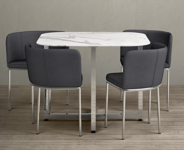 Rhodes White Marble Dining Table with 4 Grey Rhodes Chairs | Bed Sava