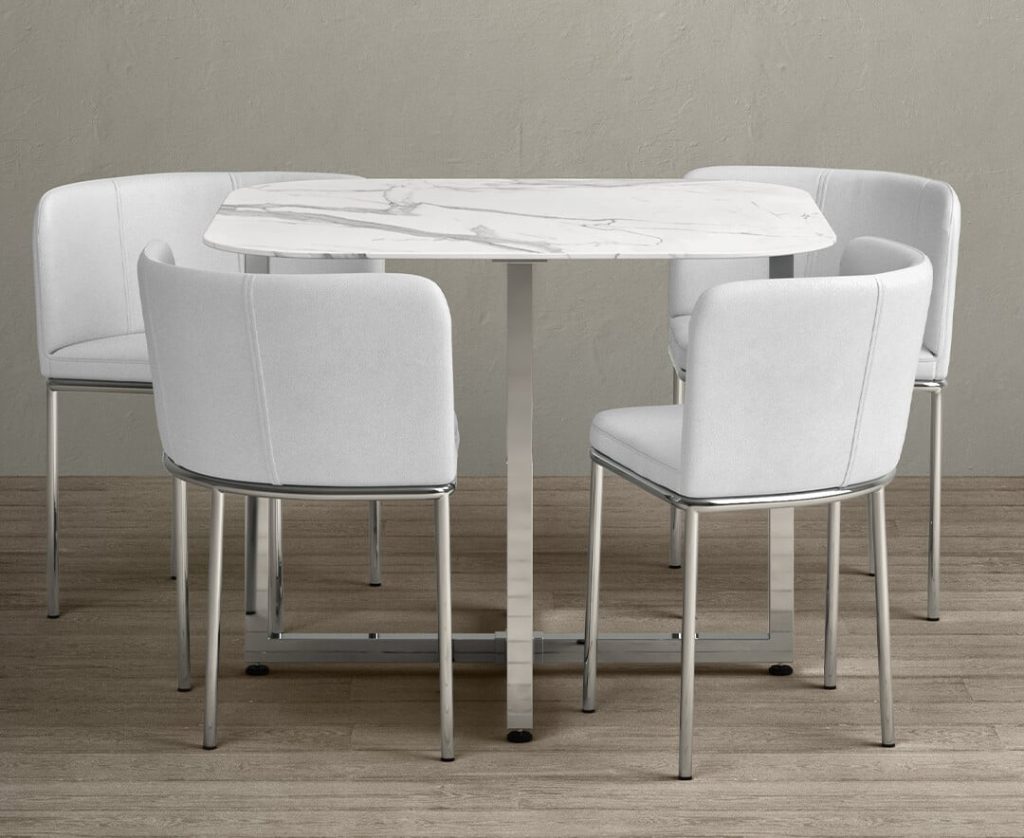 Rhodes White Marble Dining Table with 4 White Rhodes Chairs