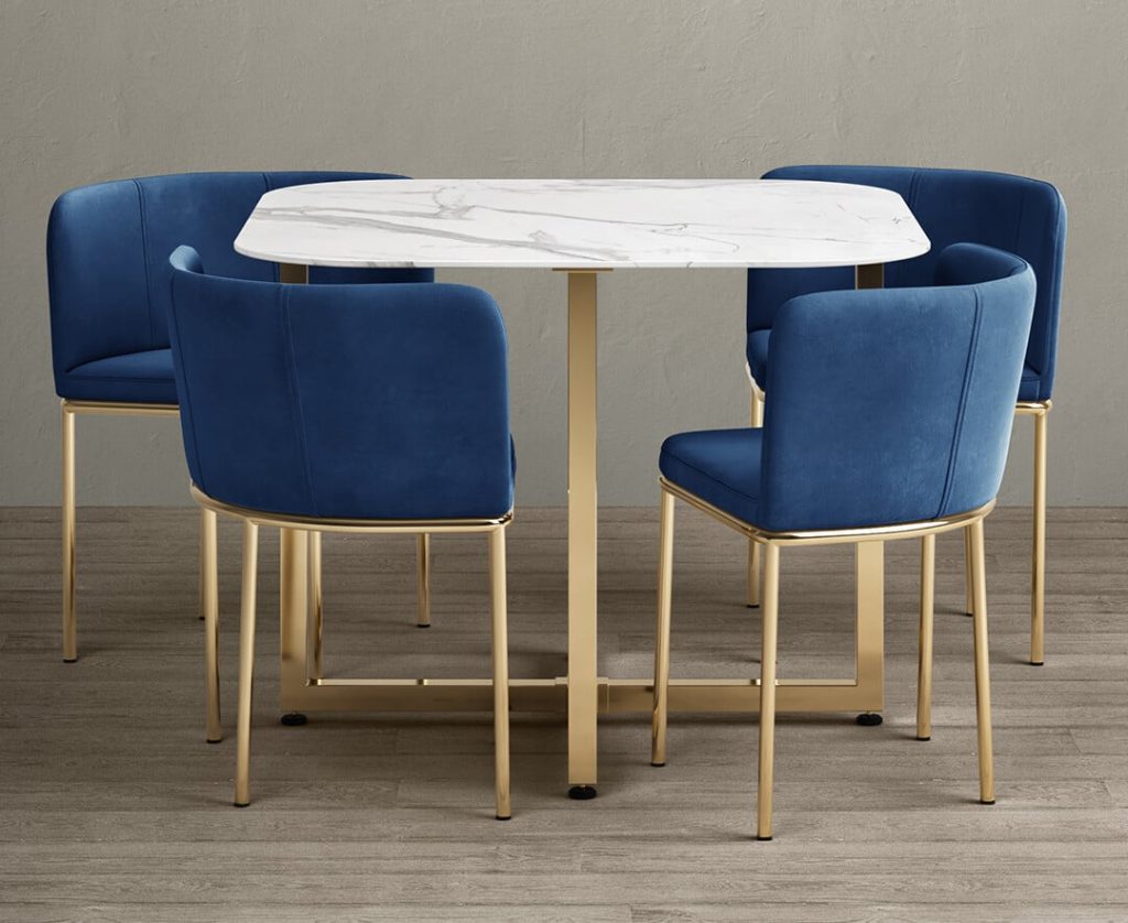 Rhodes White Marble Gold Leg Dining Table with 4 Blue Rhodes Chairs