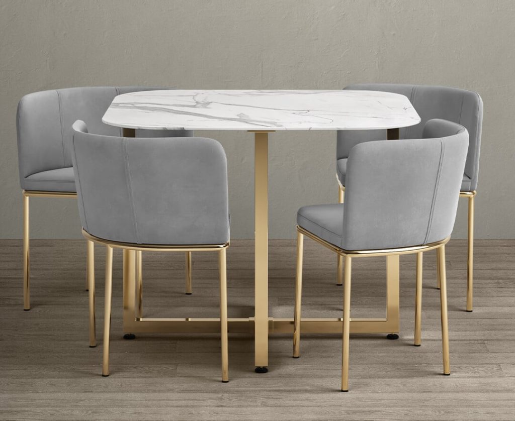 Rhodes White Marble Gold Leg Dining Table with 4 Grey Rhodes Chairs